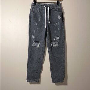 YMI Gray Distressed Jeans With Elastic Waist and Drawstrings Women's Size XS